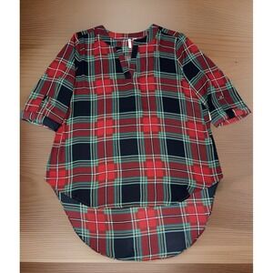 NWT Cato Christmas Plaid High/Low Blouse S~M Plus 3/4 Roll Tab Sleeve‎ Classic